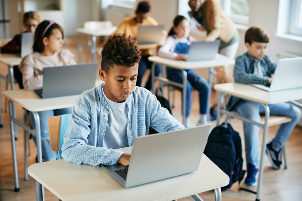 African American schoolboy e-learning on laptop during computer class in the classroom.
